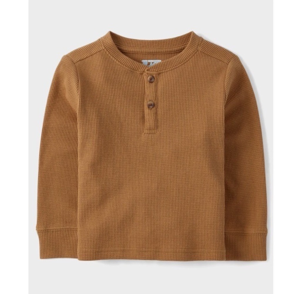 The Childrens Place Boys Long Sleeve Waffle Knit Thermal Henley Top Brown NWT